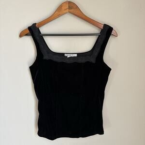 Cabi Black Velour Tank Top Y2K Lace Trim Square Neck Goth Witchy Stretch Velvet